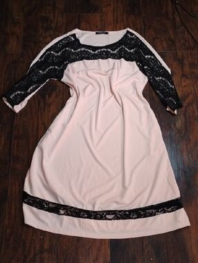 Blush Pink Long Sleeve Dress with Black Lace Accents